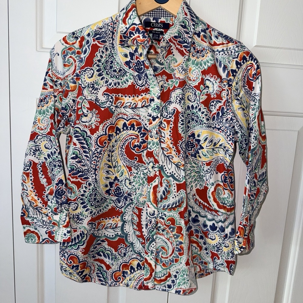 CHAPS Red Blue Paisley 3/4 Blouse Contrast Cuff Petite Small EUC Top
